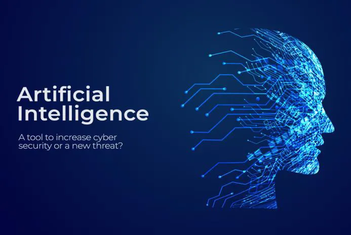 Artificial intelligence (AI) head graphic showing its role in cybersecurity, posing the question: a tool to increase security or a new threat?