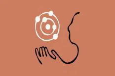 Abstract illustration of a hand holding a circular atomic symbol with a human silhouette in the background