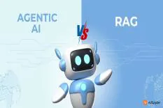 A cartoon robot symbolizing Agentic AI standing against the backdrop of text that reads 'AGENTIC AI vs RAG', showcasing the comparison between the two concepts.