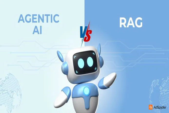 A cartoon robot symbolizing Agentic AI standing against the backdrop of text that reads 'AGENTIC AI vs RAG', showcasing the comparison between the two concepts.