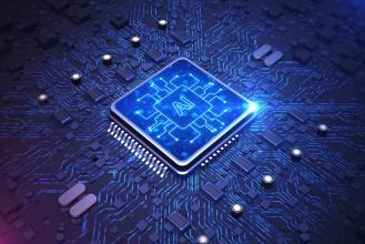 Close-up of a futuristic AI processor on a circuit board with blue components and illuminated design.