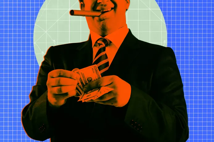 A businessman in a suit holding cash and smoking a cigar against a colorful background of grids.