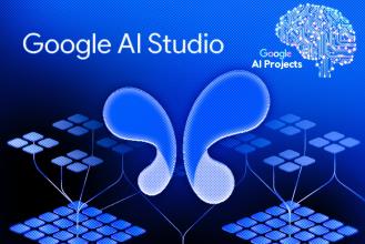 Visual representation of Google AI Studio featuring a blue background, abstract shapes, and circuit designs representing AI technology.