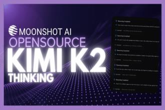 Moonshot AI's open-source Kimi K2 featuring a modern digital design and purple background.
