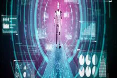 A futuristic robotic figure standing on a digital pathway surrounded by various data visualization elements and holographic displays.