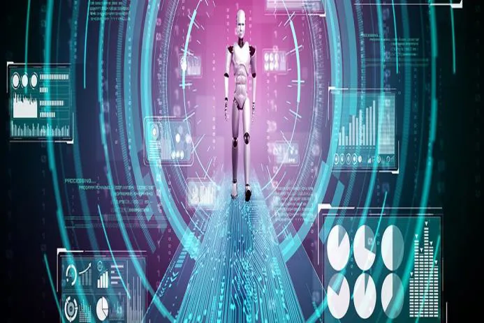 A futuristic robotic figure standing on a digital pathway surrounded by various data visualization elements and holographic displays.