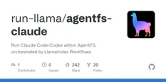 Screenshot of the run-llama AgentFS Claude repository on GitHub, featuring a colorful llama logo and information about running Claude Code within AgentFS orchestrated by LlamaIndex Workflows.
