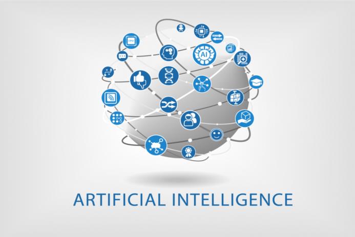 Illustration of artificial intelligence concepts surrounded by icons representing technology, data, and communication on a globe background.
