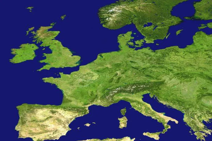 Satellite view of Europe showing geographic features including the British Isles and surrounding countries.