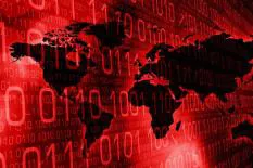 A digital representation of a world map overlayed with binary code in red hues, symbolizing technology and data.