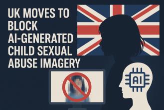 Illustration depicting the UK government's initiative to prohibit AI-generated child sexual abuse imagery, featuring a silhouette of a child, a computer screen with a no symbol, and a representation of artificial intelligence.