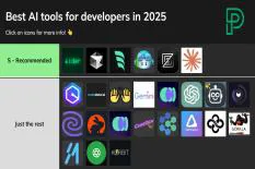 Grid of best AI tools for developers in 2025, featuring recommended and other tools with logos.