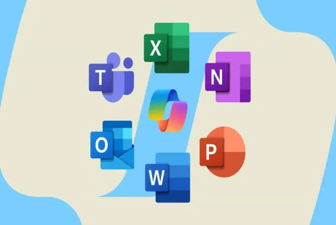 Collection of Microsoft Office applications logos including Teams, Excel, OneNote, Word, PowerPoint, and Outlook on a light background.