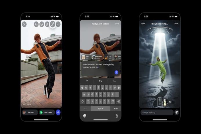meta-ai-restyle-instagram-story-dinosaur-onesie-ufo-abduction-iphone-screens