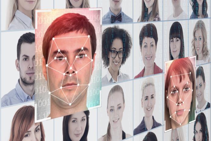 A grid of faces with facial recognition technology overlay, highlighting key facial points on multiple individuals.