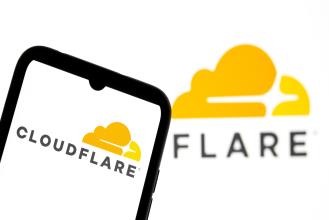 Cloudflare logo displayed on a smartphone screen with a yellow cloud design.
